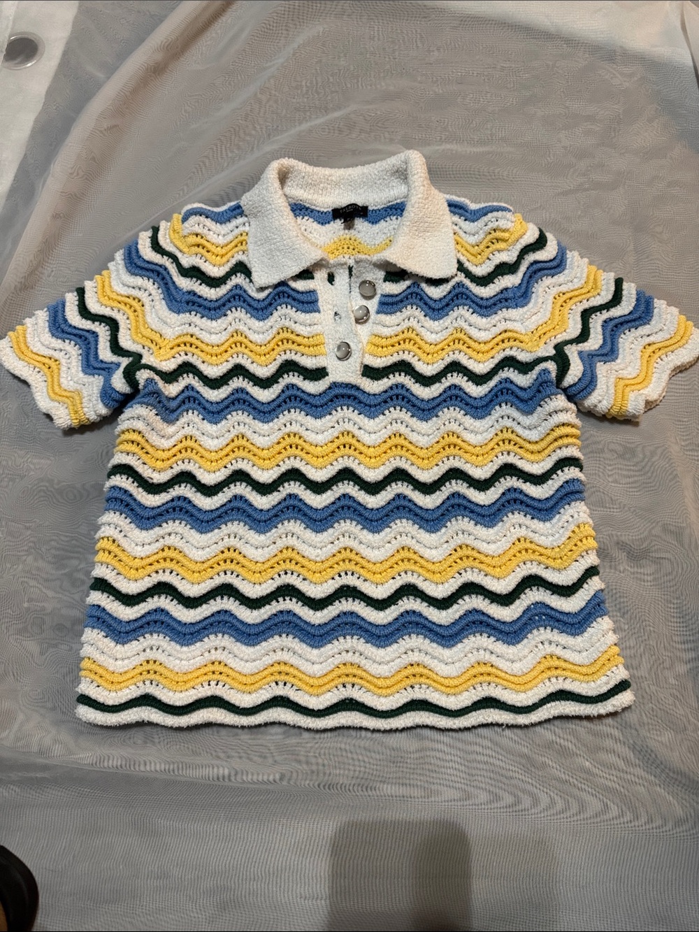 Talbots Wave-Knit Polo Sweater in Blue, Yellow & White